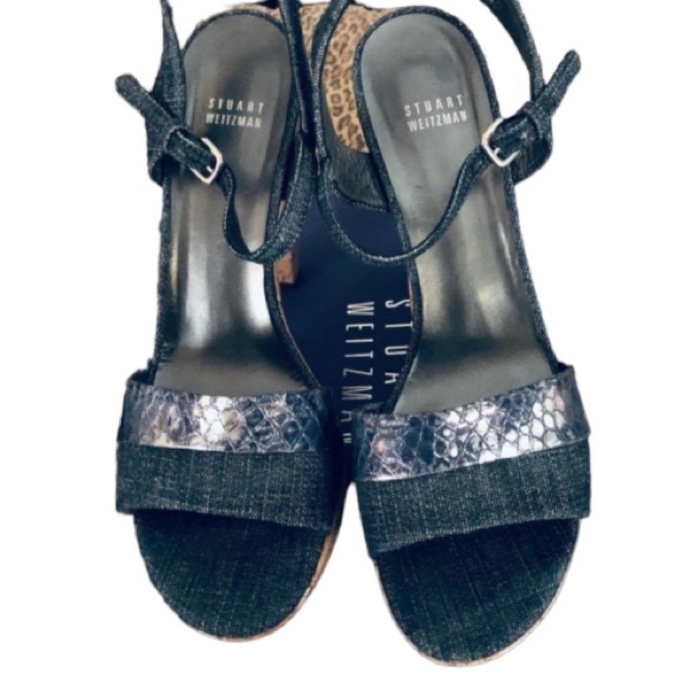 Stuart Weitzman size 11 blue denim platforms Silver detail cork heel NIB